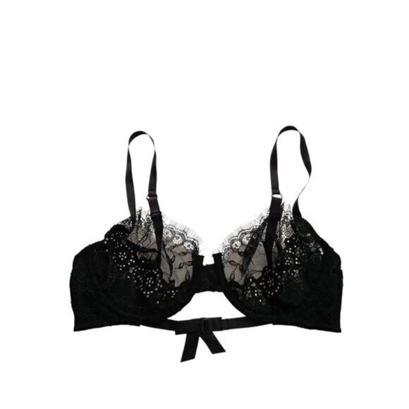 Elegant Black Lace Floral Unlined Demi Underwire Bra 32C Rhinestone Bling Mesh - Picture 1 of 8